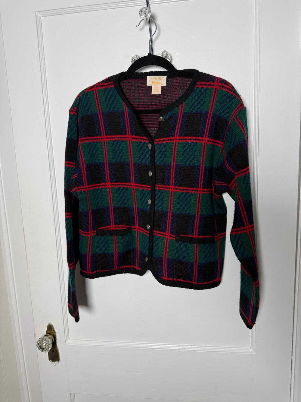 Vintage Tally Ho Tartan Plaid Cardigan M Red Green Grandpa Preppy Christmas